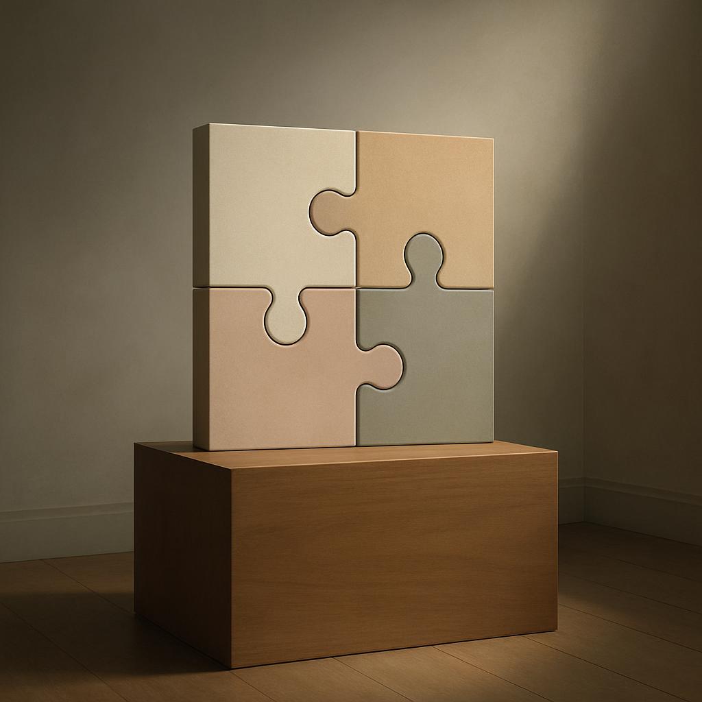 A 3D rendering of four puzzle pieces stacked on top of a wood box in a room with a spotlight shining down from the ceiling.